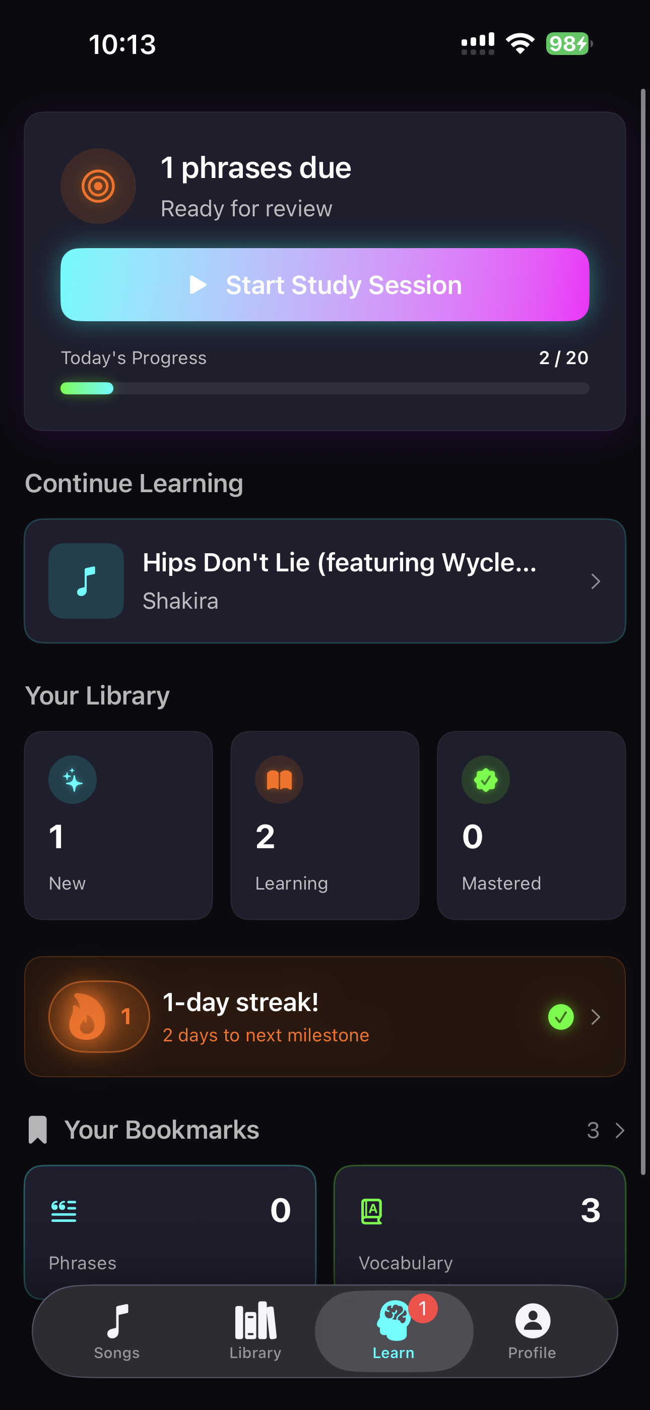 Songlyo - learning dashboard