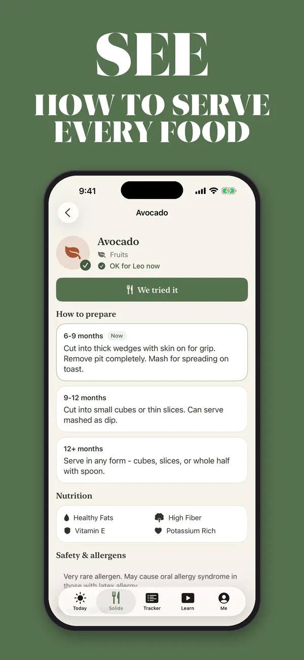 BabyJoy food guide for avocado, showing how to prepare it at 6–9 months, 9–12 months and 12 months+