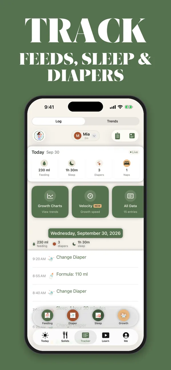BabyJoy tracker showing feeds and sleep logs
